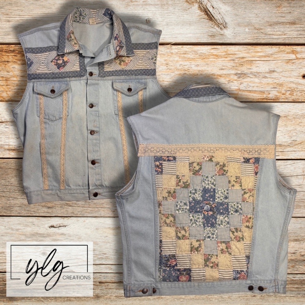 Denim Vest Quilted Floral Country Chic Crochet Americana Country Girl Plus